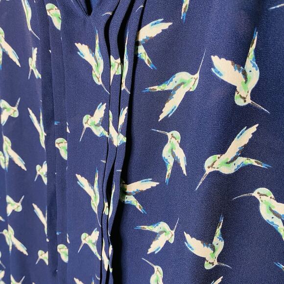 41 Hawthorn Shirt L Blue Hummingbird Print Polyester 3/4 Sleeve Popover Blouse - Picture 4 of 11